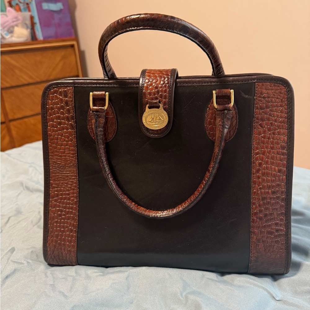 Brahmin Black Leather and Crocodile Handbag with Gold Accents